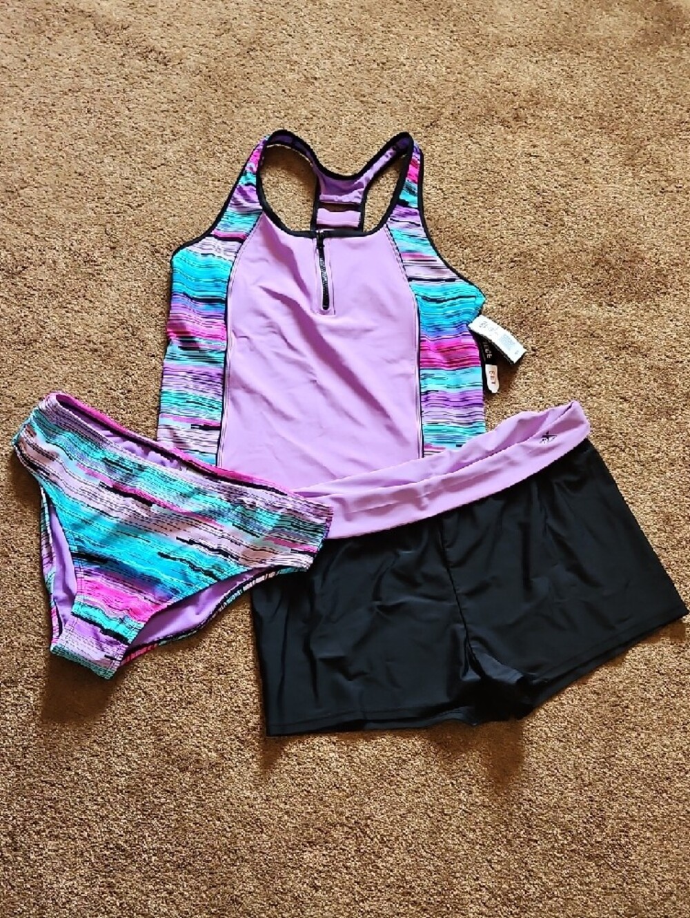 Girls' Purple & Black Three-Piece Tankini Swim Set Size 20 Plus